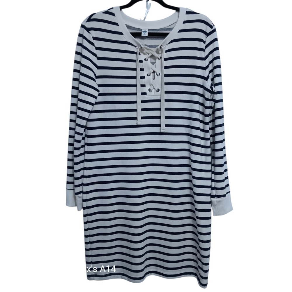 Old Navy Women's Sweater Dress Medium Blue White Stripe Long Sleeve Nautical